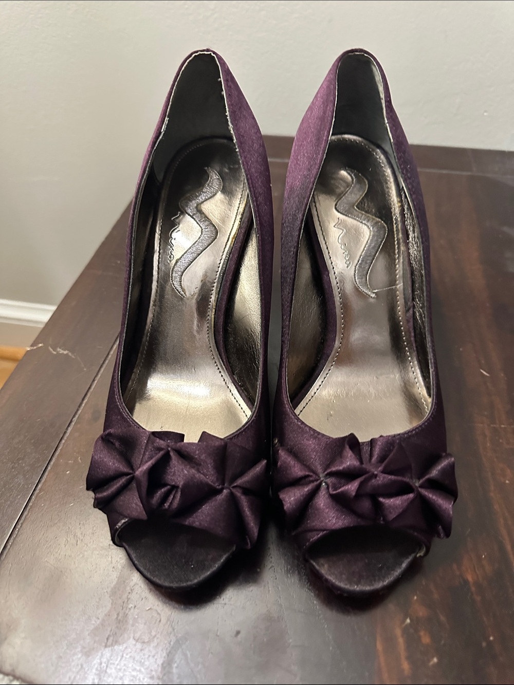 Nina Plum Satin Peep-Toe Heels with Decorative Knot